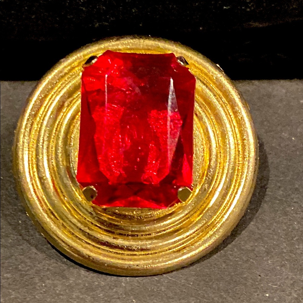 Gold Tone Brooch with Large Red Emerald Cut Glass Stone.